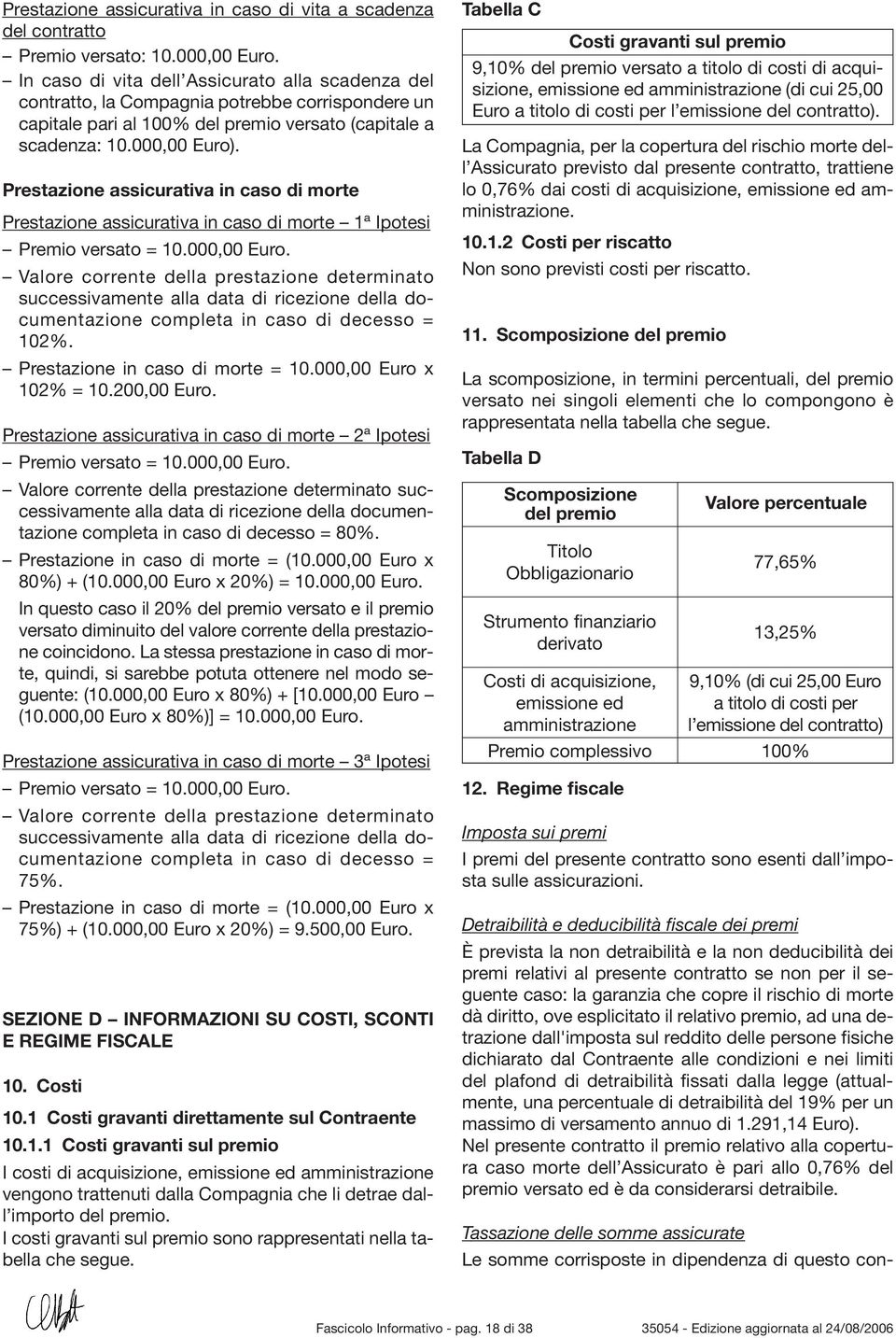 Prestazione assicurativa in caso di morte Prestazione assicurativa in caso di morte 1ª Ipotesi Premio versato = 10.000,00 Euro.