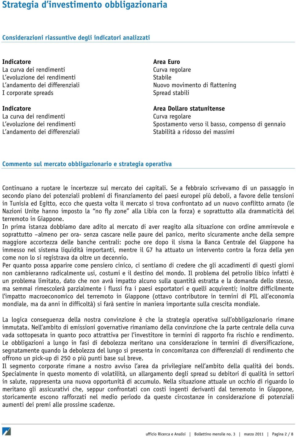 Dollaro statunitense Curva regolare Spostamento verso il basso, compenso di gennaio Stabilità a ridosso dei massimi Commento sul mercato obbligazionario e strategia operativa Continuano a ruotare le