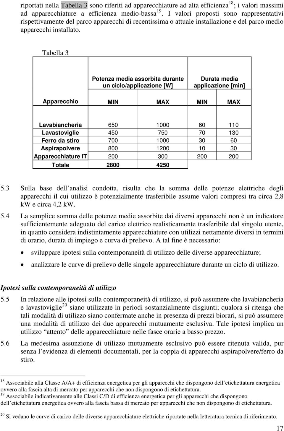 Tabella 3 Potenza media assorbita durante un ciclo/applicazione [W] Durata media applicazione [min] Apparecchio MIN MAX MIN MAX Lavabiancheria 650 1000 60 110 Lavastoviglie 450 750 70 130 Ferro da