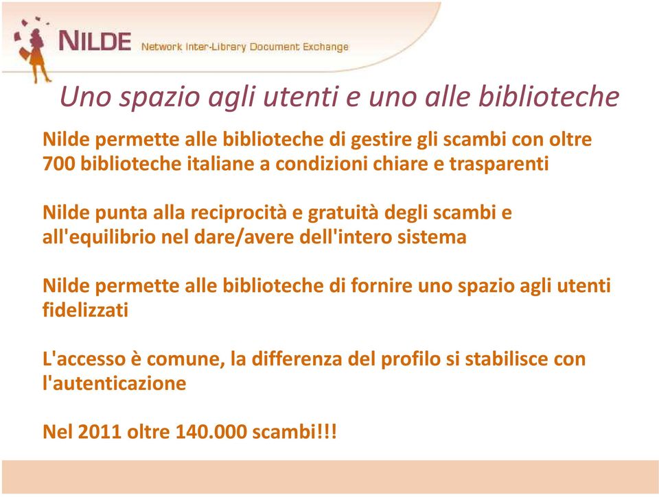 all'equilibrio nel dare/avere dell'intero sistema Nilde permette alle biblioteche di fornire uno spazio agli utenti