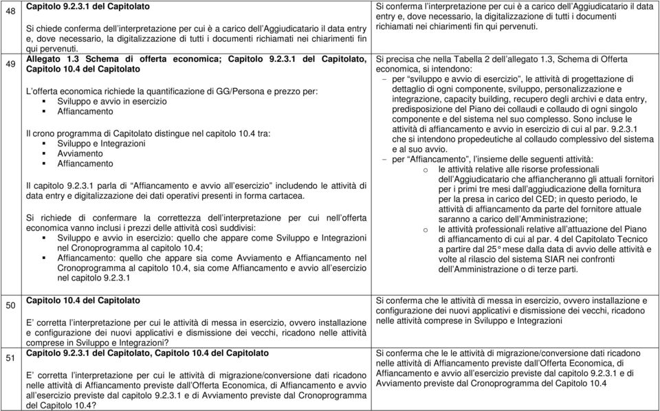 fin qui pervenuti. Allegato 1.3 Schema di offerta economica; Capitolo 9.2.3.1 del Capitolato, Capitolo 10.