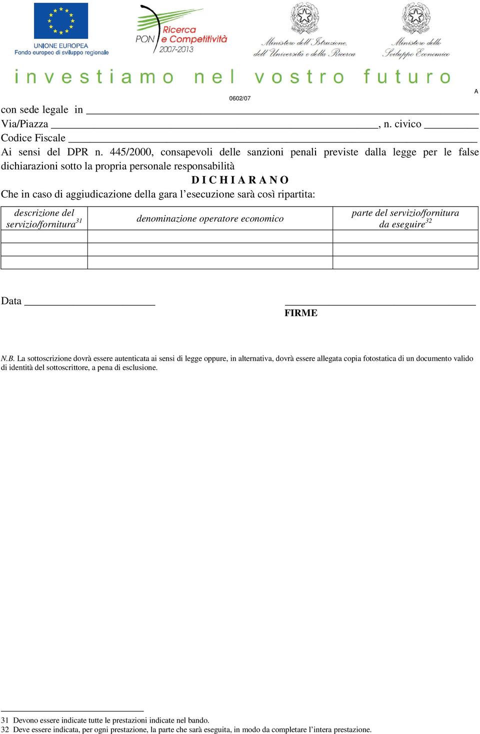 esecuzione sarà così ripartita: descrizione del servizio/fornitura 31 denominazione operatore economico parte del servizio/fornitura da eseguire 32 Data FIRME N.B.