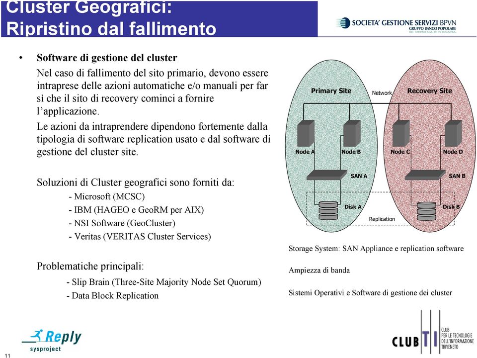 Primary Site Network Recovery Site Node A Node B Node C Node D Soluzioni di Cluster geografici sono forniti da: - Microsoft (MCSC) - IBM (HAGEO e GeoRM per AIX) - NSI Software (GeoCluster) - Veritas