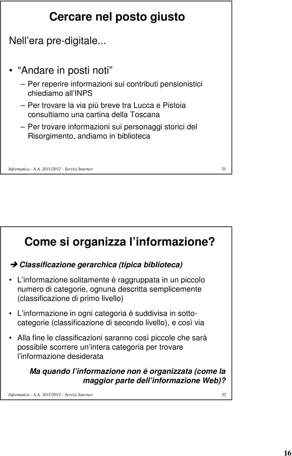 informazioni sui personaggi storici del Risorgimento, andiamo in biblioteca 31 Come si organizza l informazione?