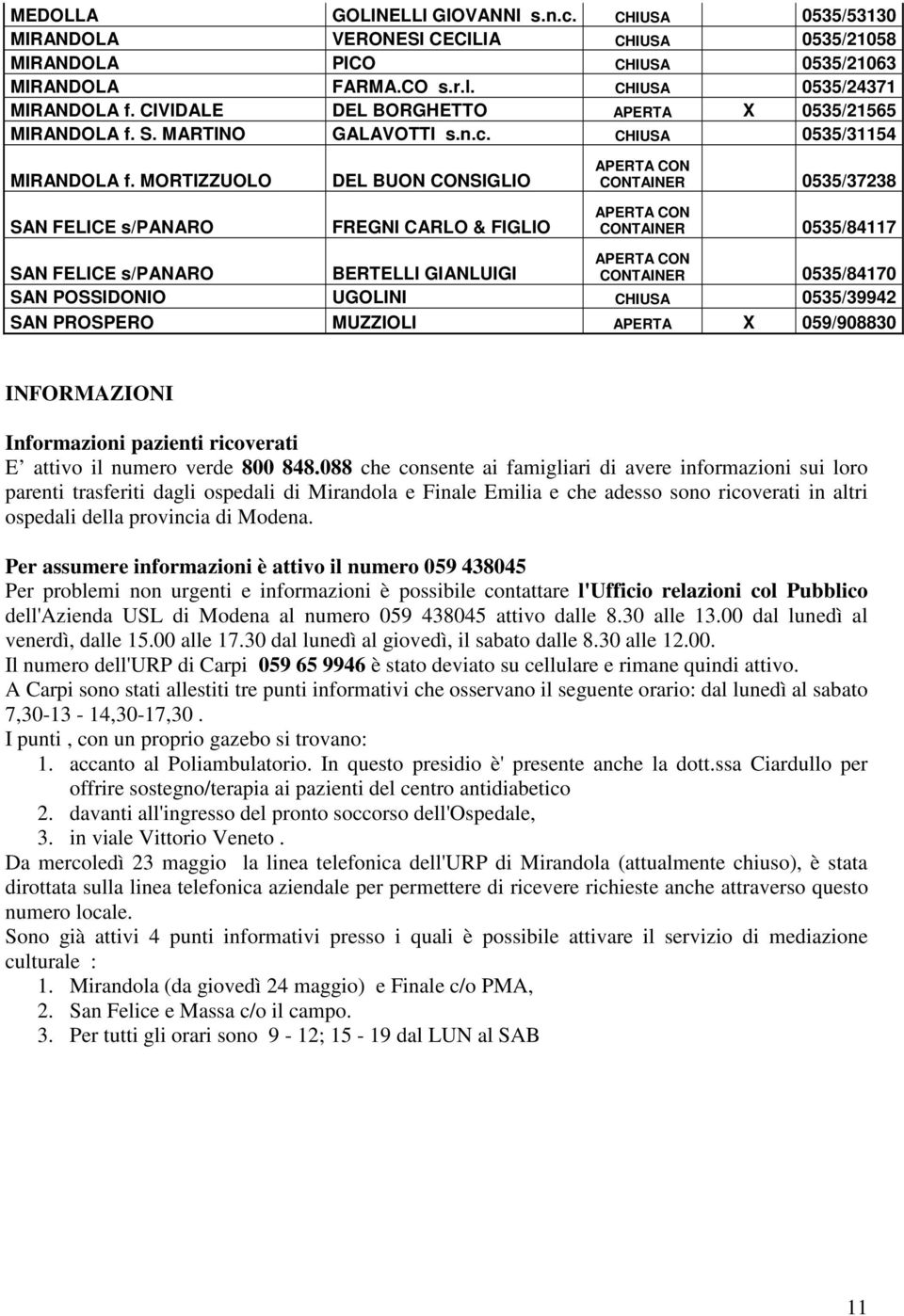 MORTIZZUOLO SAN FELICE s/panaro DEL BUON CONSIGLIO FREGNI CARLO & FIGLIO APERTA CON CONTAINER 0535/37238 APERTA CON CONTAINER 0535/84117 SAN FELICE s/panaro BERTELLI GIANLUIGI APERTA CON CONTAINER