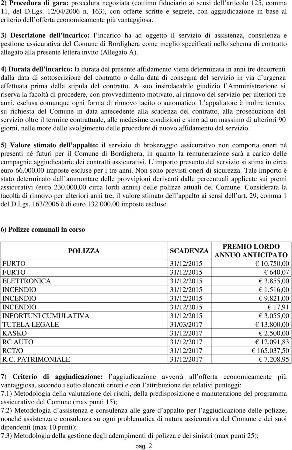 3) Descrizione dell incarico: l incarico ha ad oggetto il servizio di assistenza, consulenza e gestione assicurativa del Comune di Bordighera come meglio specificati nello schema di contratto