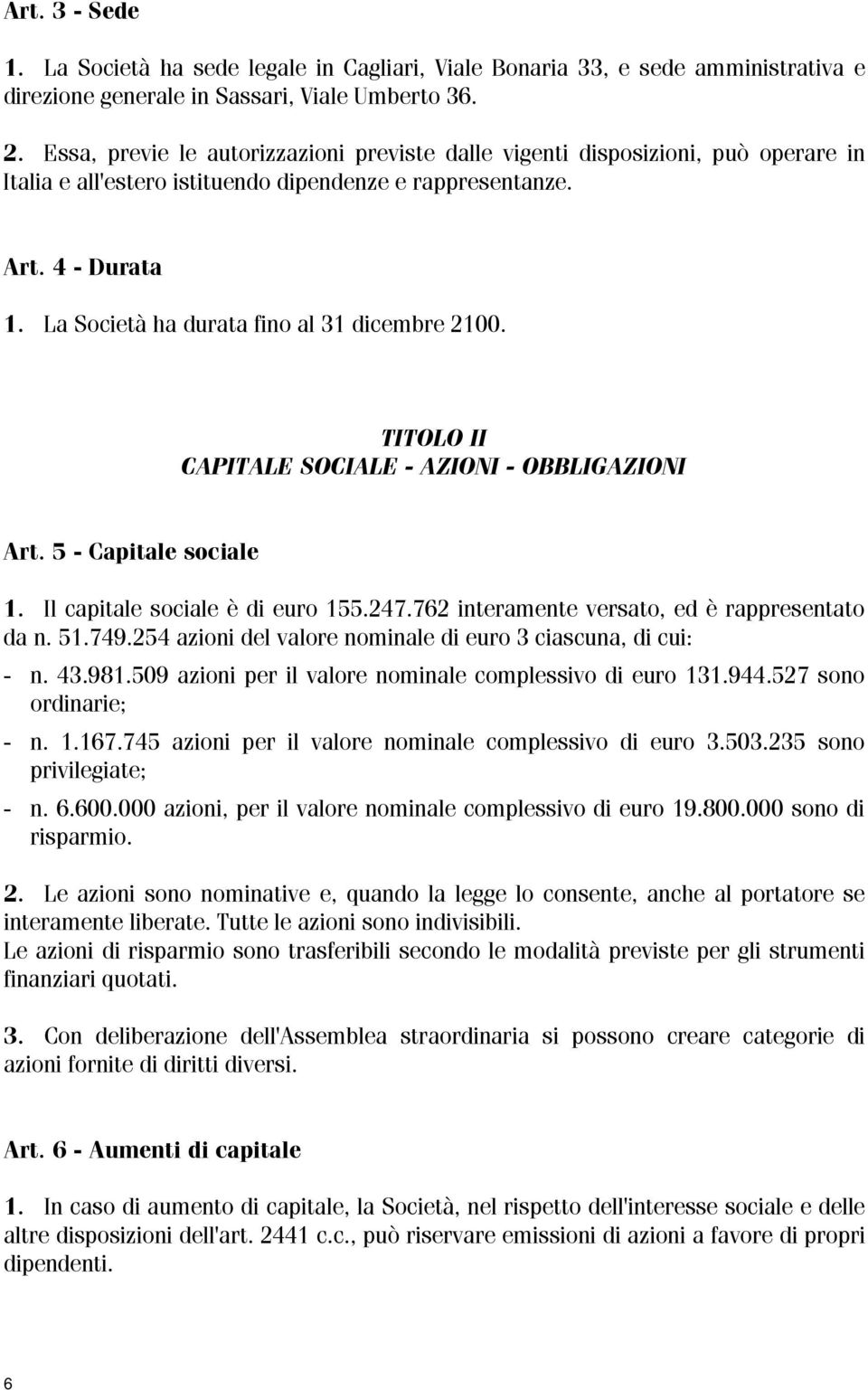 La Società ha durata fino al 31 dicembre 2100. TITOLO II CAPITALE SOCIALE - AZIONI - OBBLIGAZIONI Art. 5 - Capitale sociale 1. Il capitale sociale è di euro 155.247.