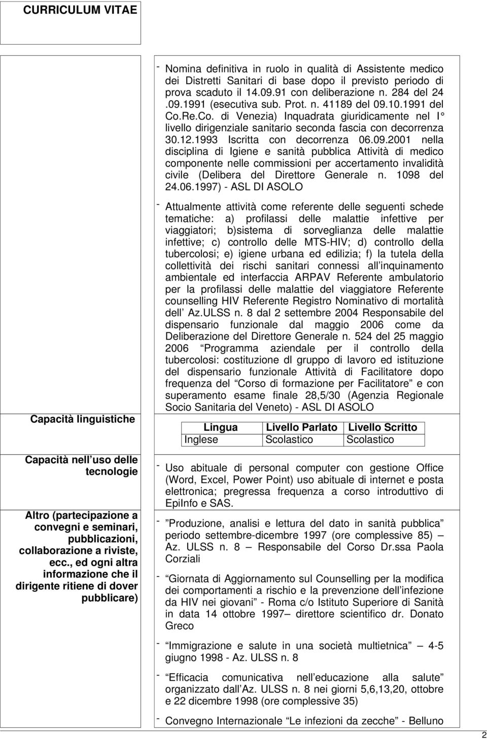 1098 del 24.06.1997) - ASL DI ASOLO Capacità linguistiche Capacità nell uso delle tecnologie Altro (partecipazione a convegni e seminari, pubblicazioni, collaborazione a riviste, ecc.