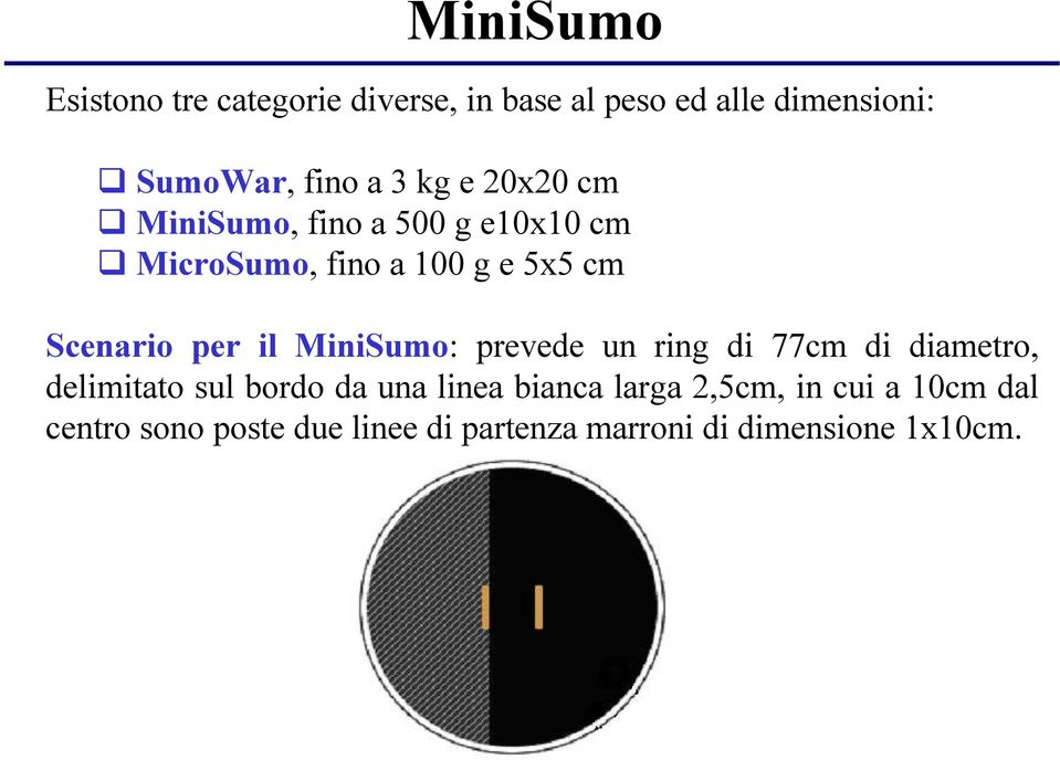 il MiniSumo: prevede un ring di 77cm di diametro, delimitato sul bordo da una linea bianca