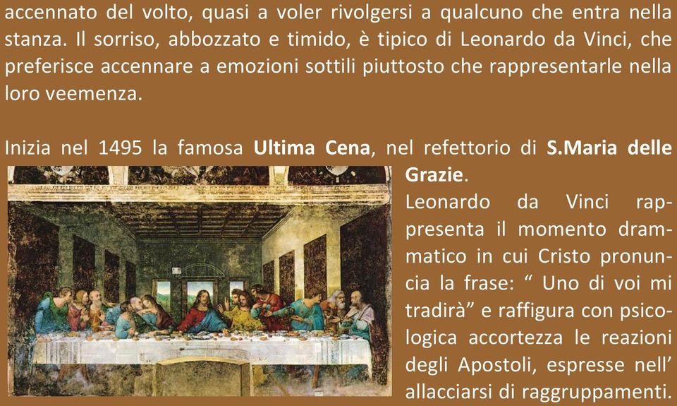 rappresentarle nella loro veemenza. Inizia nel 1495 la famosa Ultima Cena, nel refettorio di S.Maria delle Grazie.