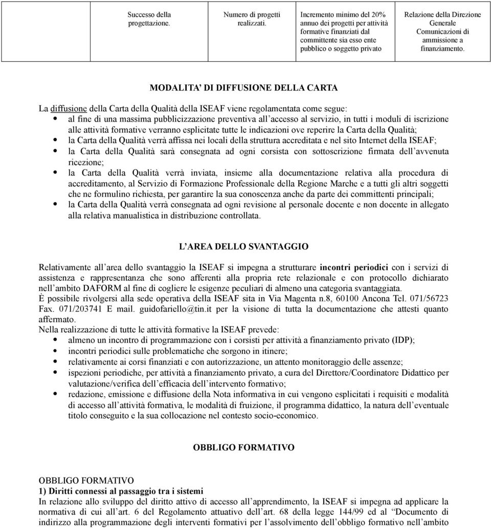 MODALITA DI DIFFUSIONE DELLA CARTA La diffusione della Carta della Qualità della ISEAF viene regolamentata come segue: al fine di una massima pubblicizzazione preventiva all accesso al servizio, in