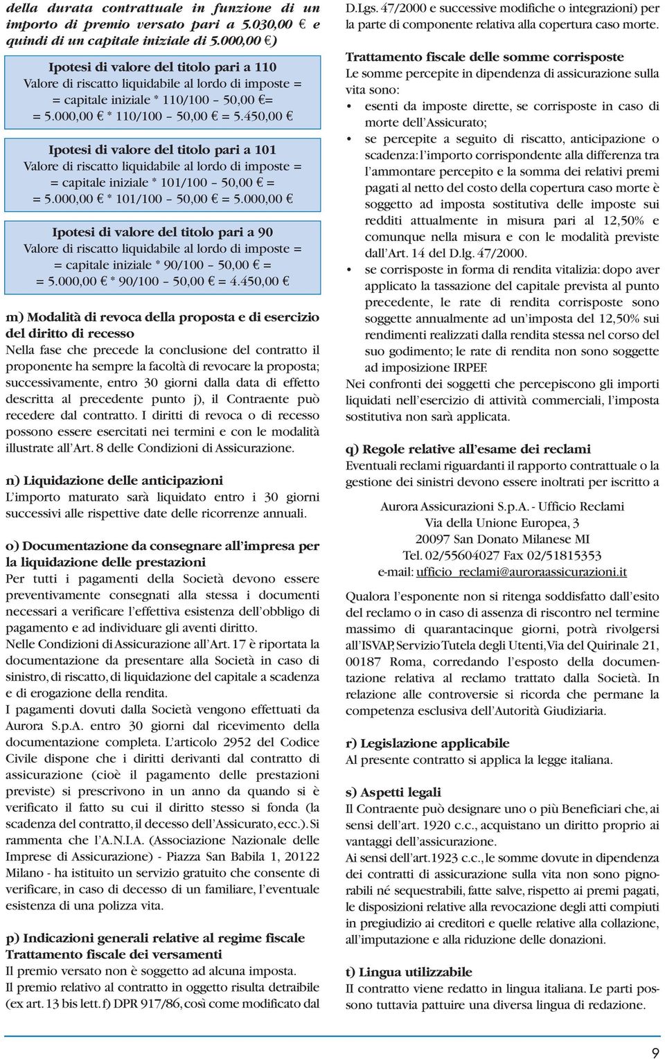 450,00 Ipotesi di valore del titolo pari a 101 Valore di riscatto liquidabile al lordo di imposte = = capitale iniziale * 101/100 50,00 = = 5.000,00 * 101/100 50,00 = 5.