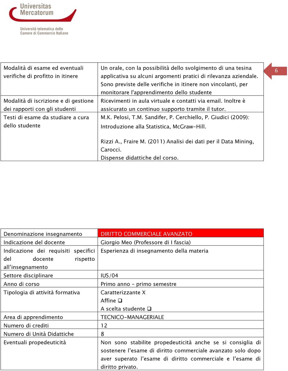 Sono previste delle verifiche in itinere non vincolanti, per monitorare l'apprendimento dello studente Ricevimenti in aula virtuale e contatti via email.