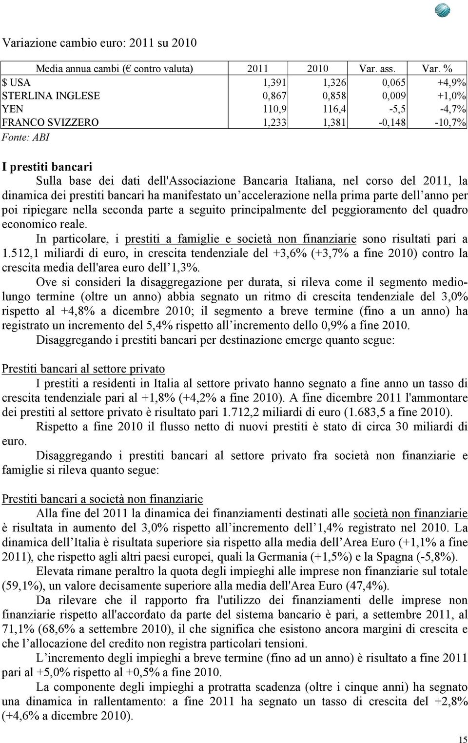 % $ USA 1,391 1,326 0,065 +4,9% STERLINA INGLESE 0,867 0,858 0,009 +1,0% YEN 110,9 116,4-5,5-4,7% FRANCO SVIZZERO 1,233 1,381-0,148-10,7% Fonte: ABI I prestiti bancari Sulla base dei dati