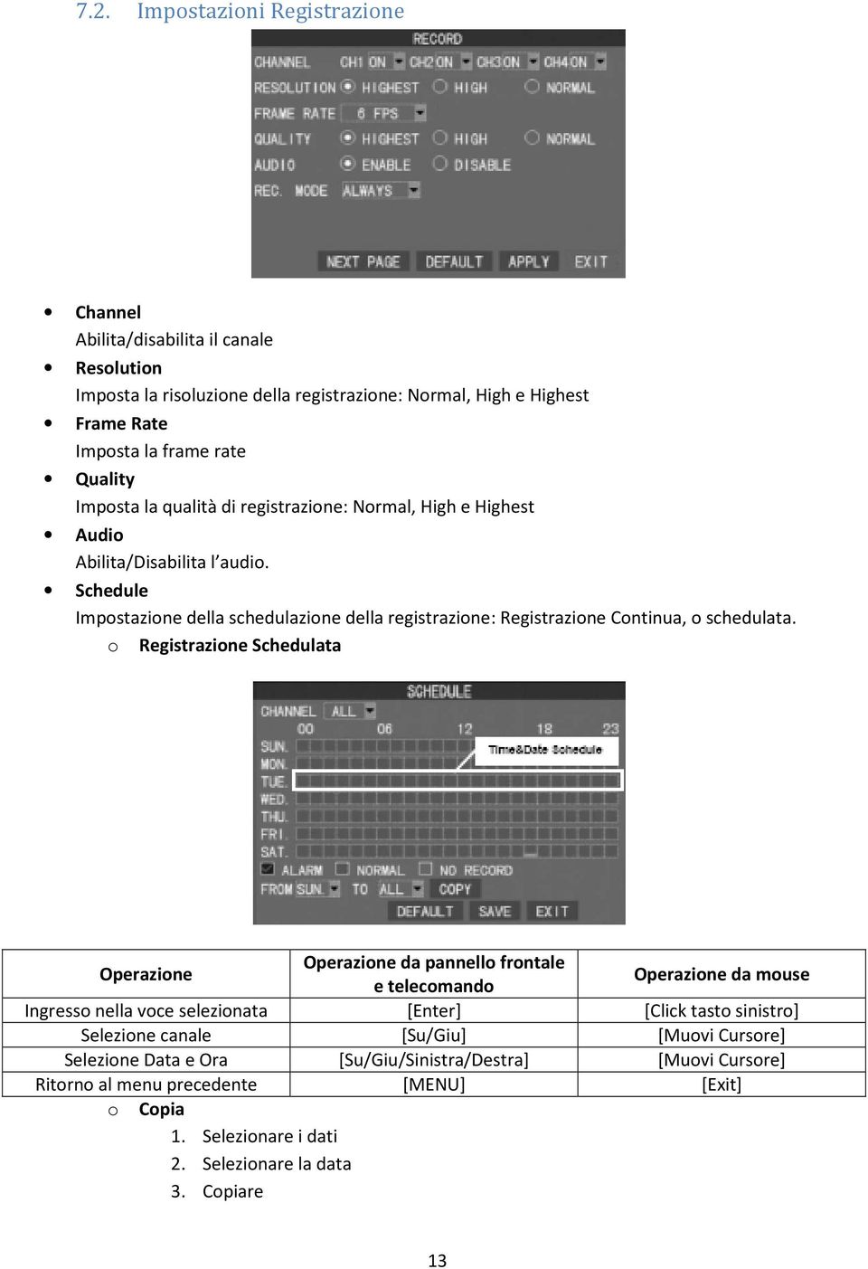 Schedule Impostazione della schedulazione della registrazione: Registrazione Continua, o schedulata.