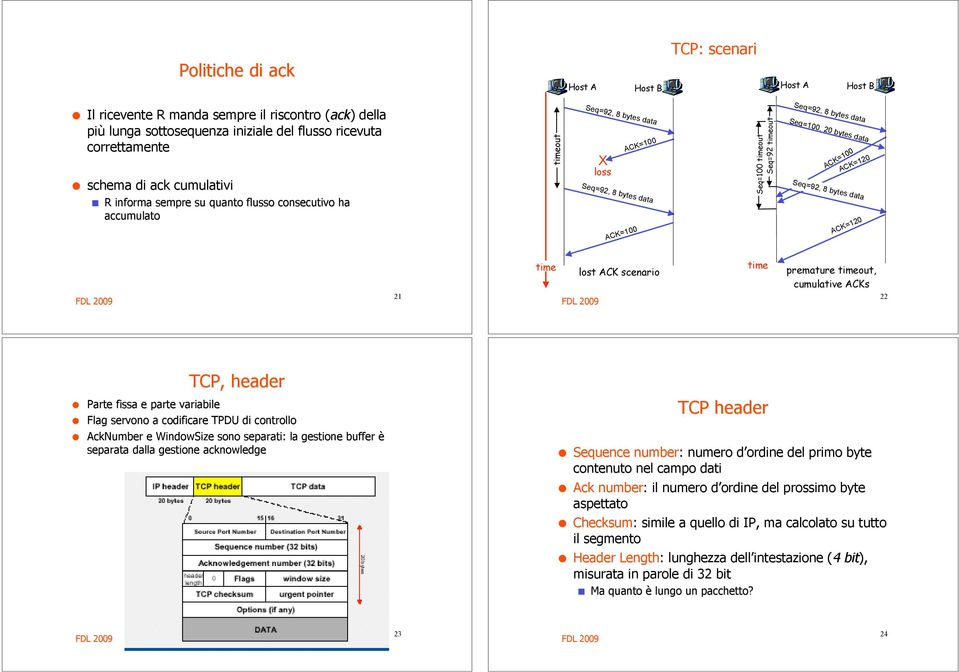 8 bytes data Seq=100, 20 bytes data ACK=100 ACK=120 Seq=92, 8 bytes data ACK=120 21 time lost ACK scenario time premature timeout, cumulative ACKs 22 TCP, header! Parte fissa e parte variabile!