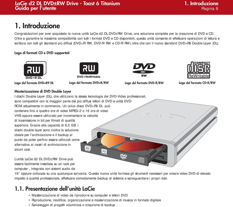 (DVD+R/RW, DVD-R/RW e CD-R/RW) oltre che con il nuovo standard DVD+R9 Double Layer (DL).