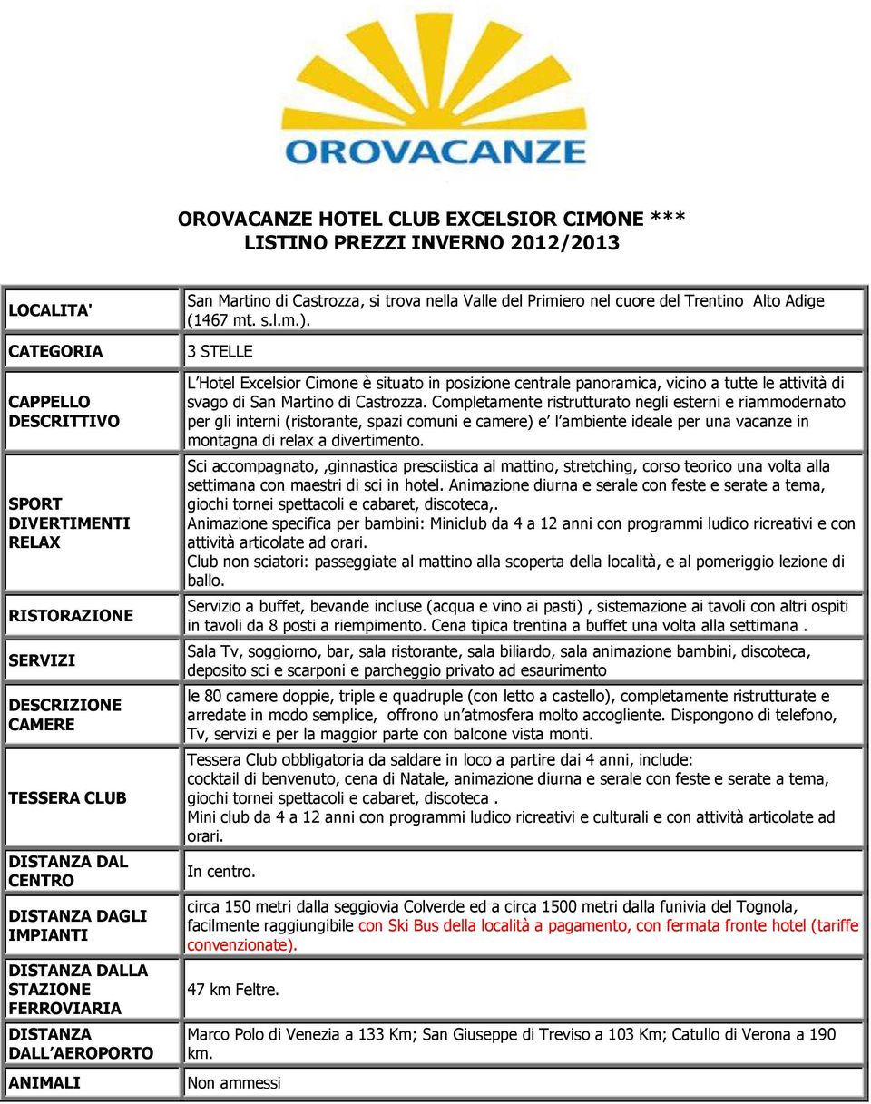 3 STELLE L Hotel Excelsior Cimone è situato in posizione centrale panoramica, vicino a tutte le attività di svago di San Martino di Castrozza.