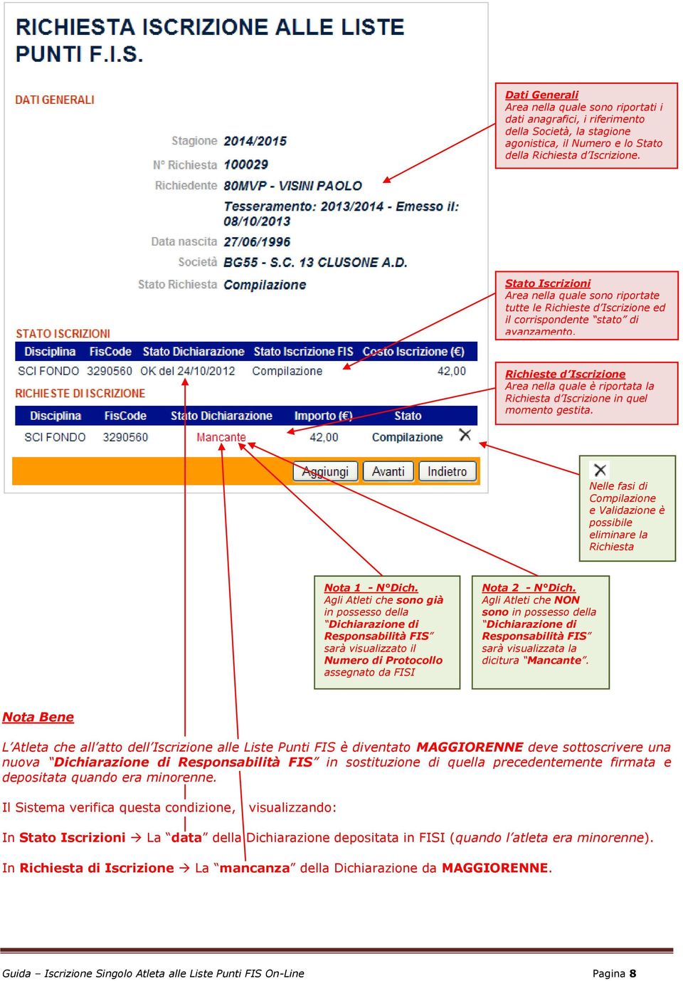 Richieste d Iscrizione Area nella quale è riportata la Richiesta d Iscrizione in quel momento gestita. Nelle fasi di Compilazione e Validazione è possibile eliminare la Richiesta Nota 1 - N Dich.