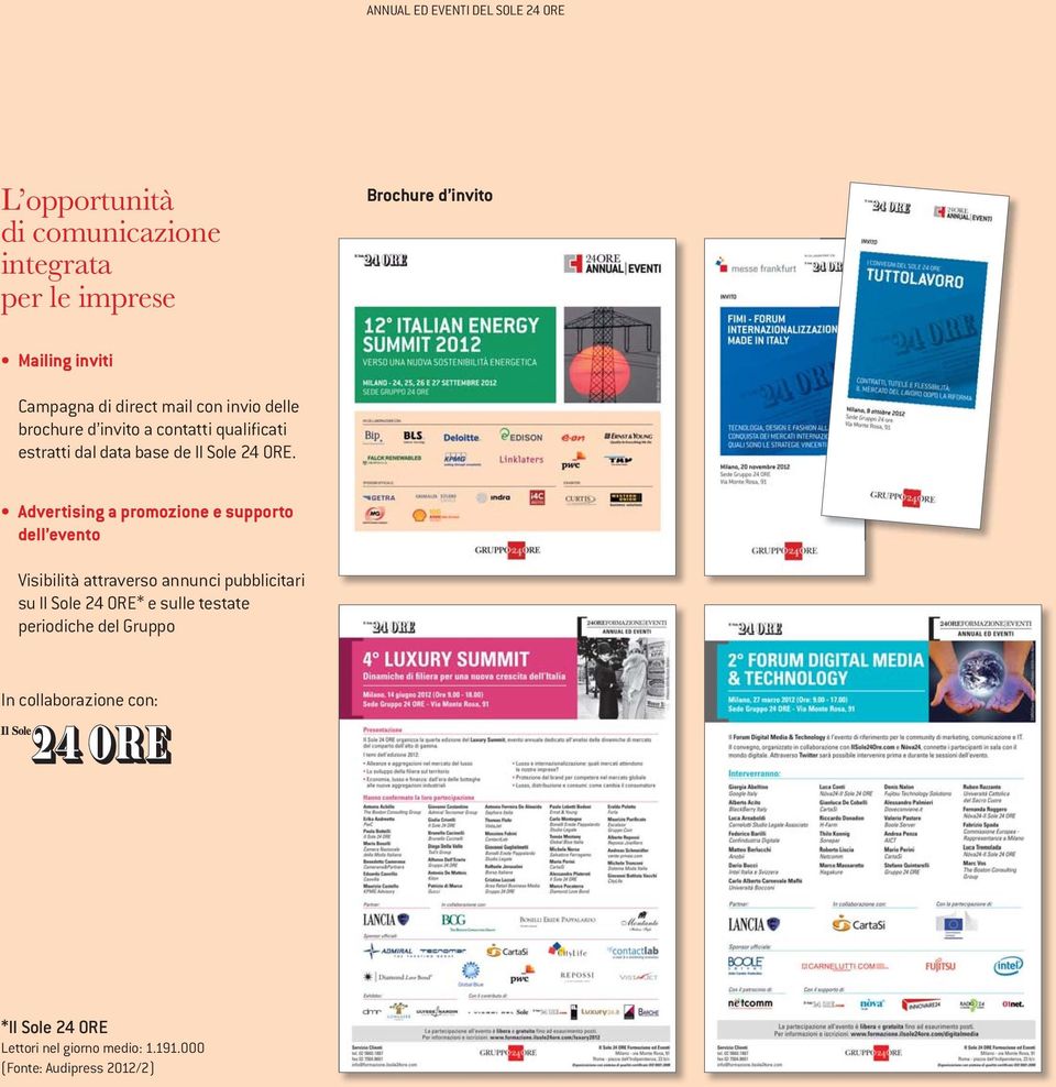 Advertising a promozione e supporto dell evento Visibilità attraverso annunci pubblicitari su Il Sole 24 ORE* e sulle