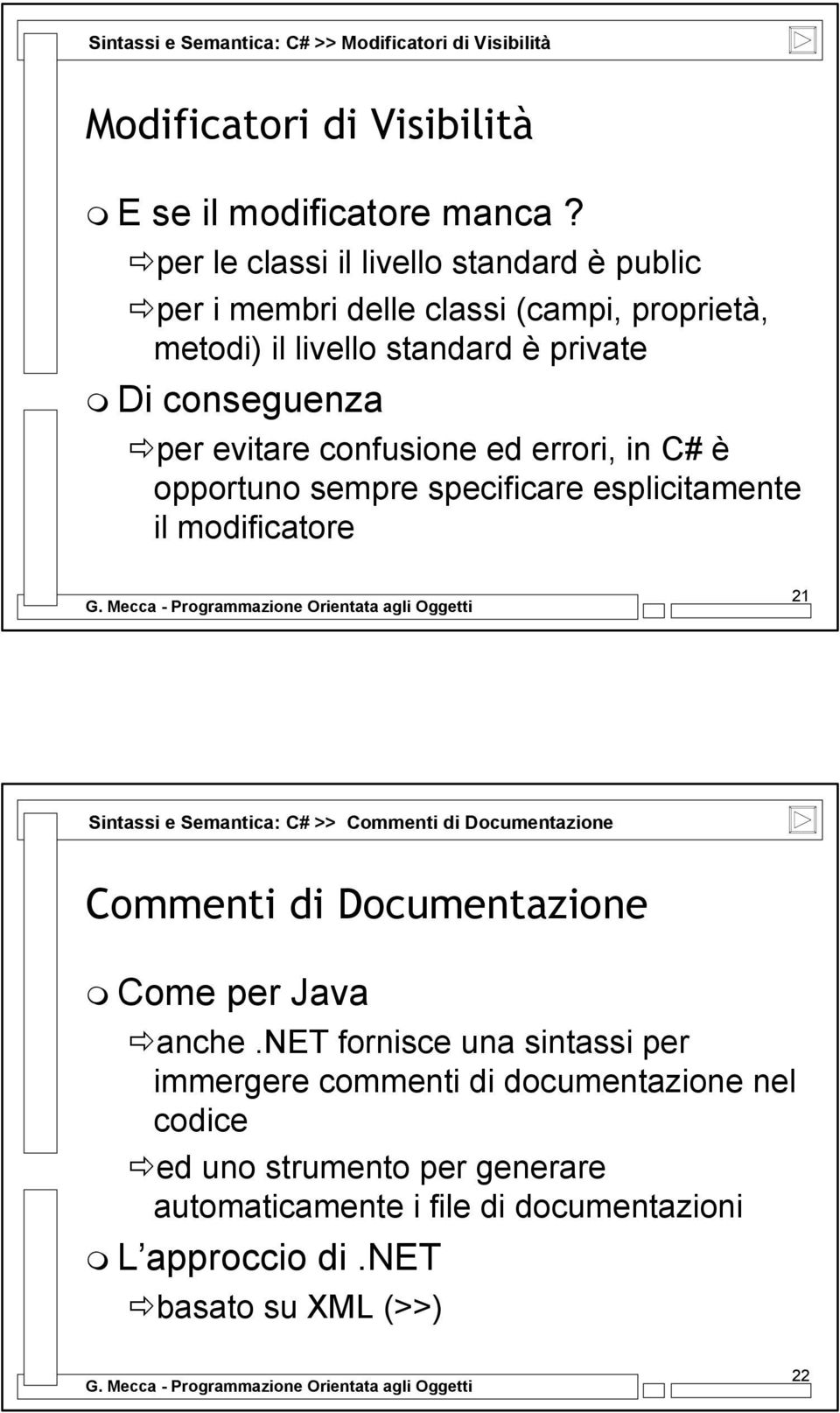 confusione ed errori, in C# è opportuno sempre specificare esplicitamente il modificatore 21 Sintassi e Semantica: C# >> Commenti di Documentazione Commenti di