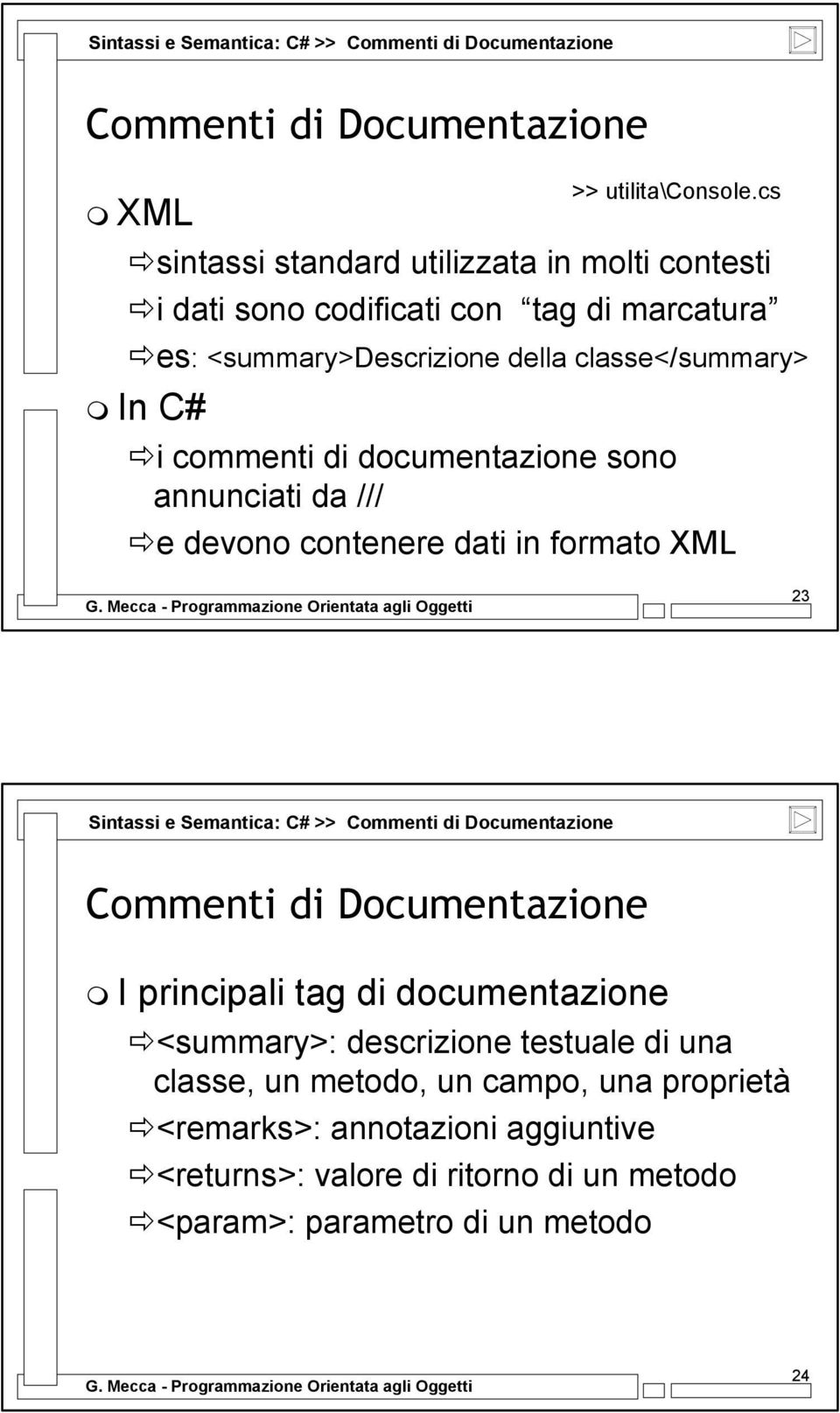 cs i commenti di documentazione sono annunciati da /// e devono contenere dati in formato XML 23 Sintassi e Semantica: C# >> Commenti di Documentazione Commenti di