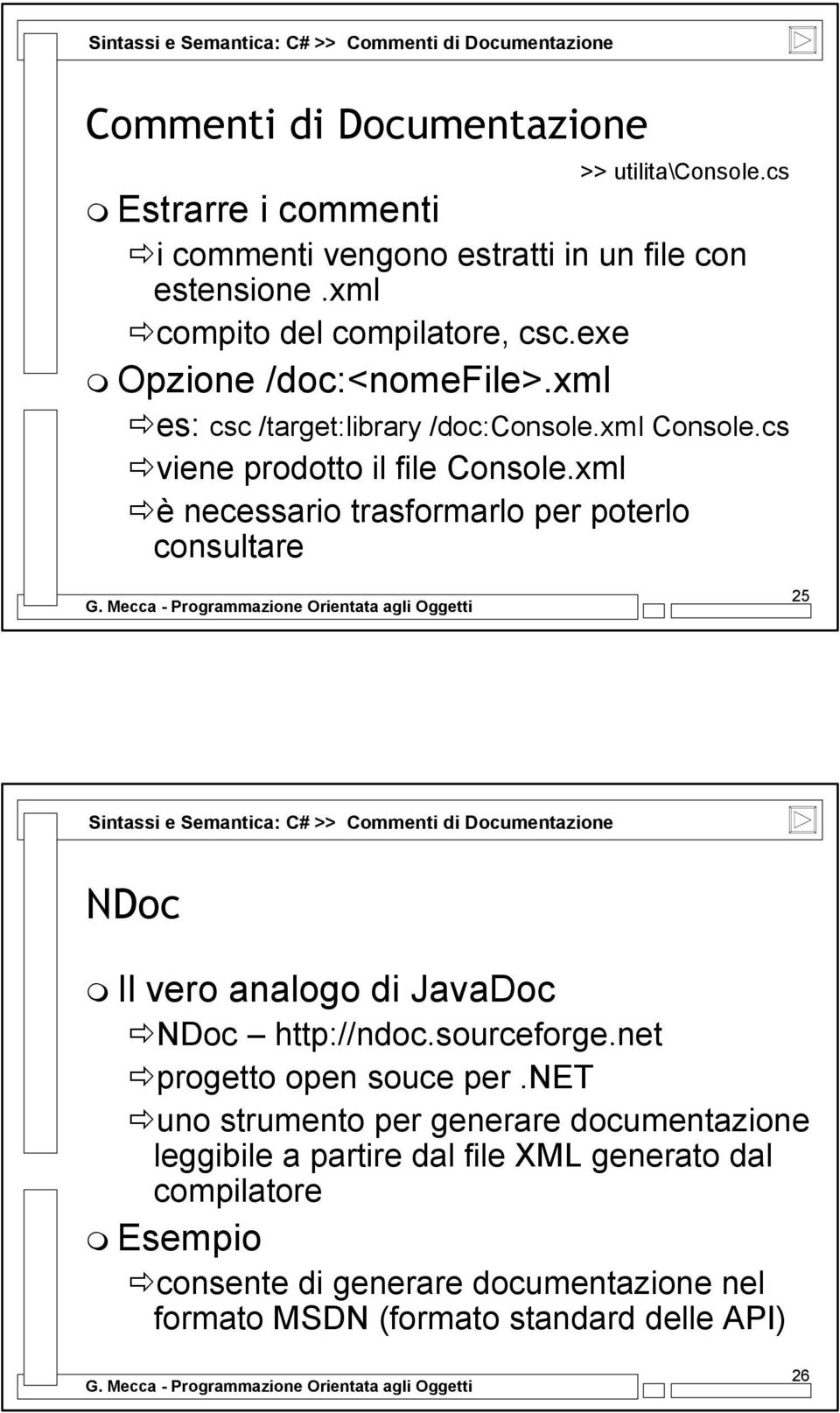 xml è necessario trasformarlo per poterlo consultare 25 Sintassi e Semantica: C# >> Commenti di Documentazione NDoc Il vero analogo di JavaDoc NDoc http://ndoc.sourceforge.