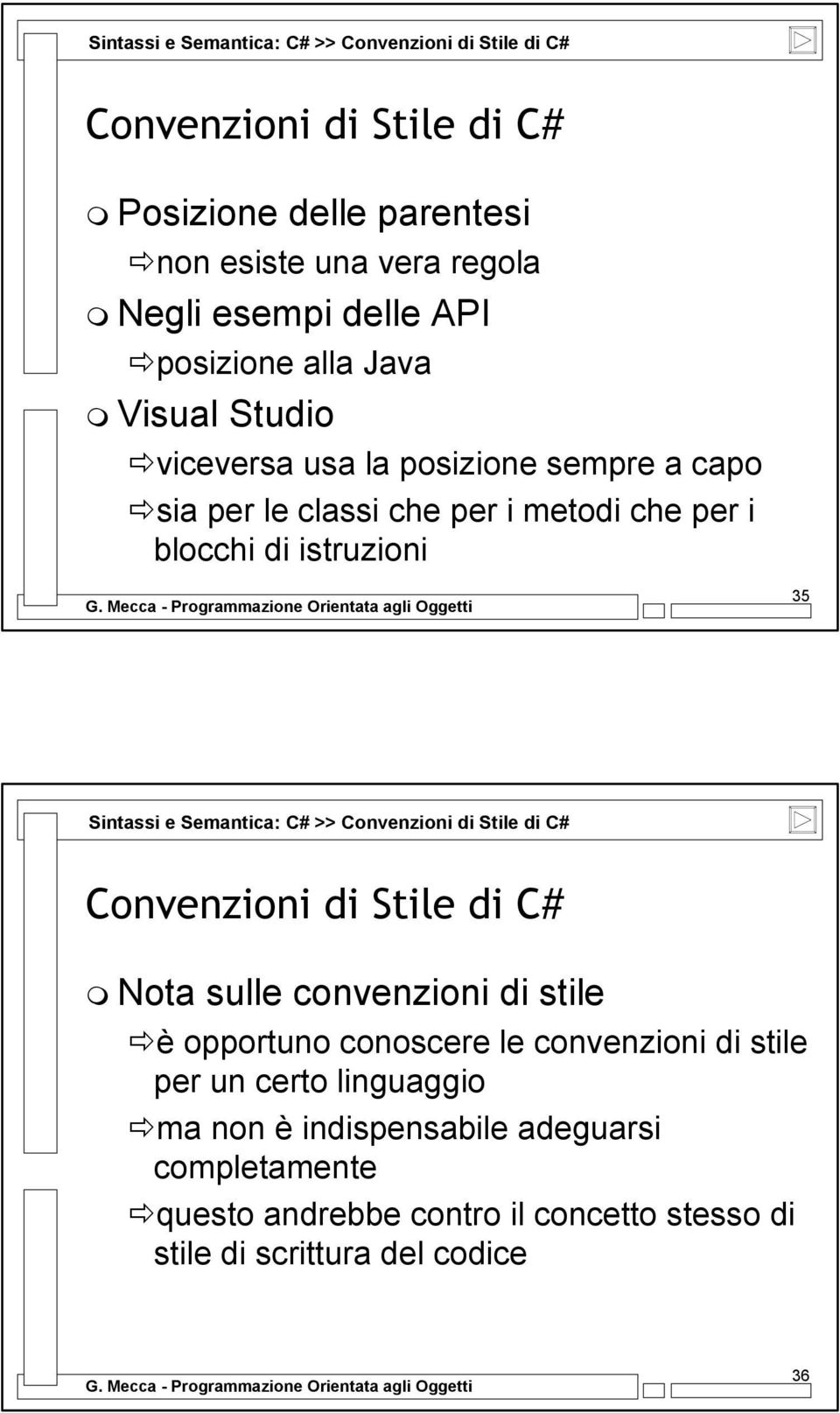 35 Sintassi e Semantica: C# >> Convenzioni di Stile di C# Convenzioni di Stile di C# Nota sulle convenzioni di stile è opportuno conoscere le
