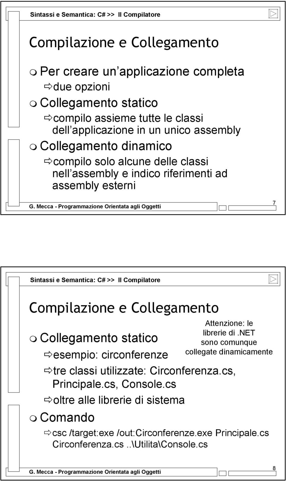 Il Compilatore Collegamento statico esempio: circonferenze tre classi utilizzate: Circonferenza.cs, Principale.cs, Console.