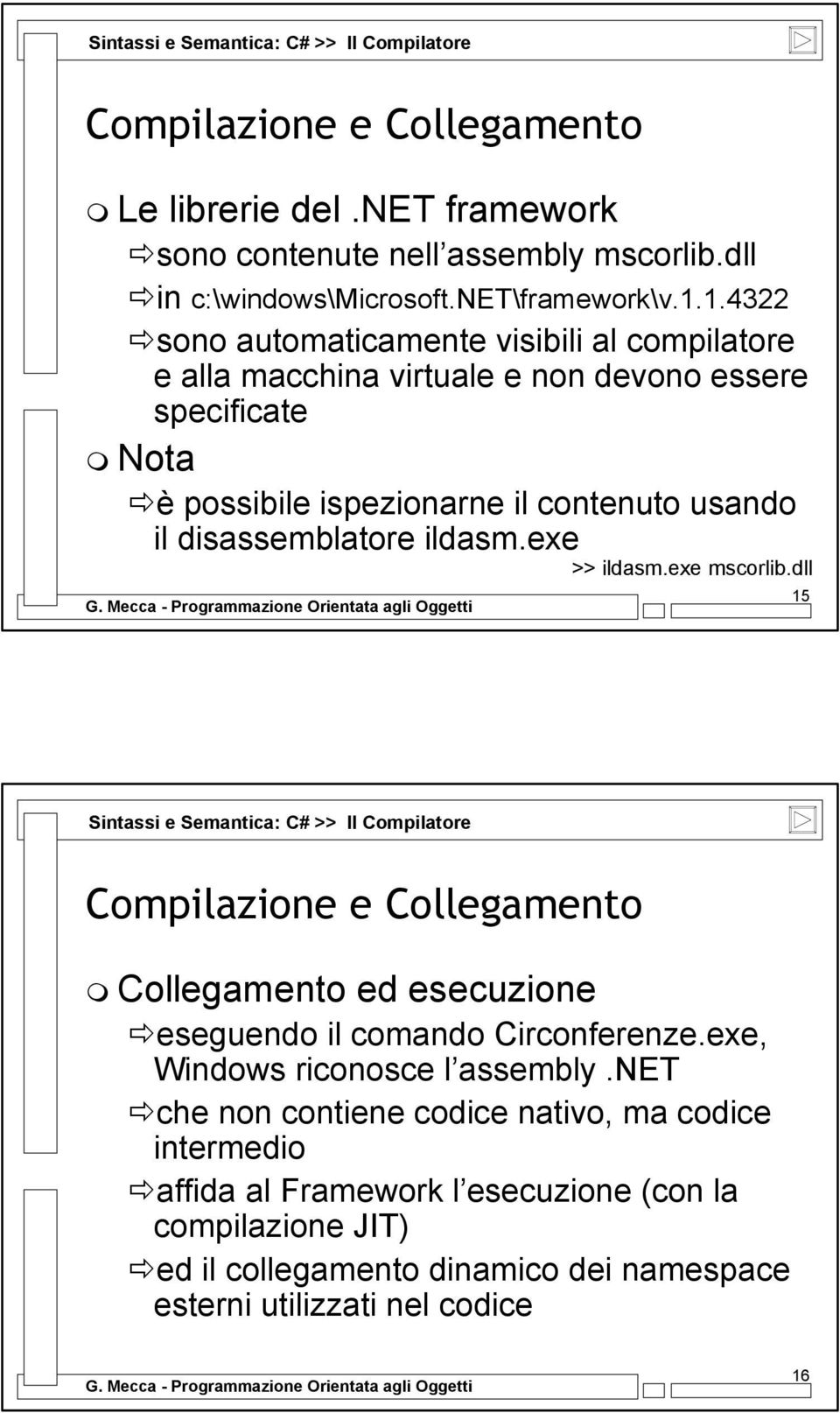disassemblatore ildasm.exe >> ildasm.exe mscorlib.dll 15 Sintassi e Semantica: C# >> Il Compilatore Collegamento ed esecuzione eseguendo il comando Circonferenze.
