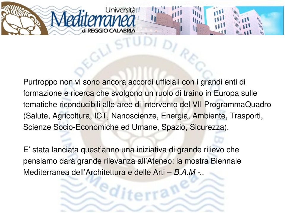 Energia, Ambiente, Trasporti, Scienze Socio-Economiche ed Umane, Spazio, Sicurezza).