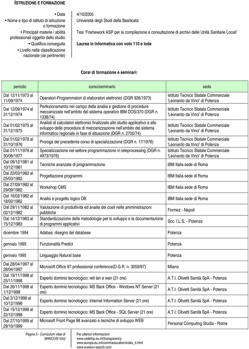 pertinente) Corsi di formazione e seminari: periodo corso/seminario sede Dal 12/11/1973 al 11/09/1974 Dal 12/09/1974 al 31/12/1974 Dal 01/02/1975 al 31/12/1975 Dal 01/02/1976 al 31/10/1976 Dal