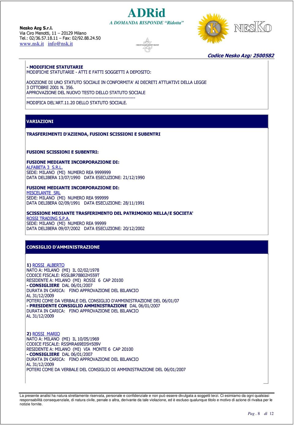 VARIAZIONI TRASFERIMENTI D'AZIENDA, FUSIONI SCISSIONI E SUBENTRI FUSIONI SCISSIONI E SUBENTRI: FUSIONE MEDIANTE INCORPORAZIONE DI: ALF