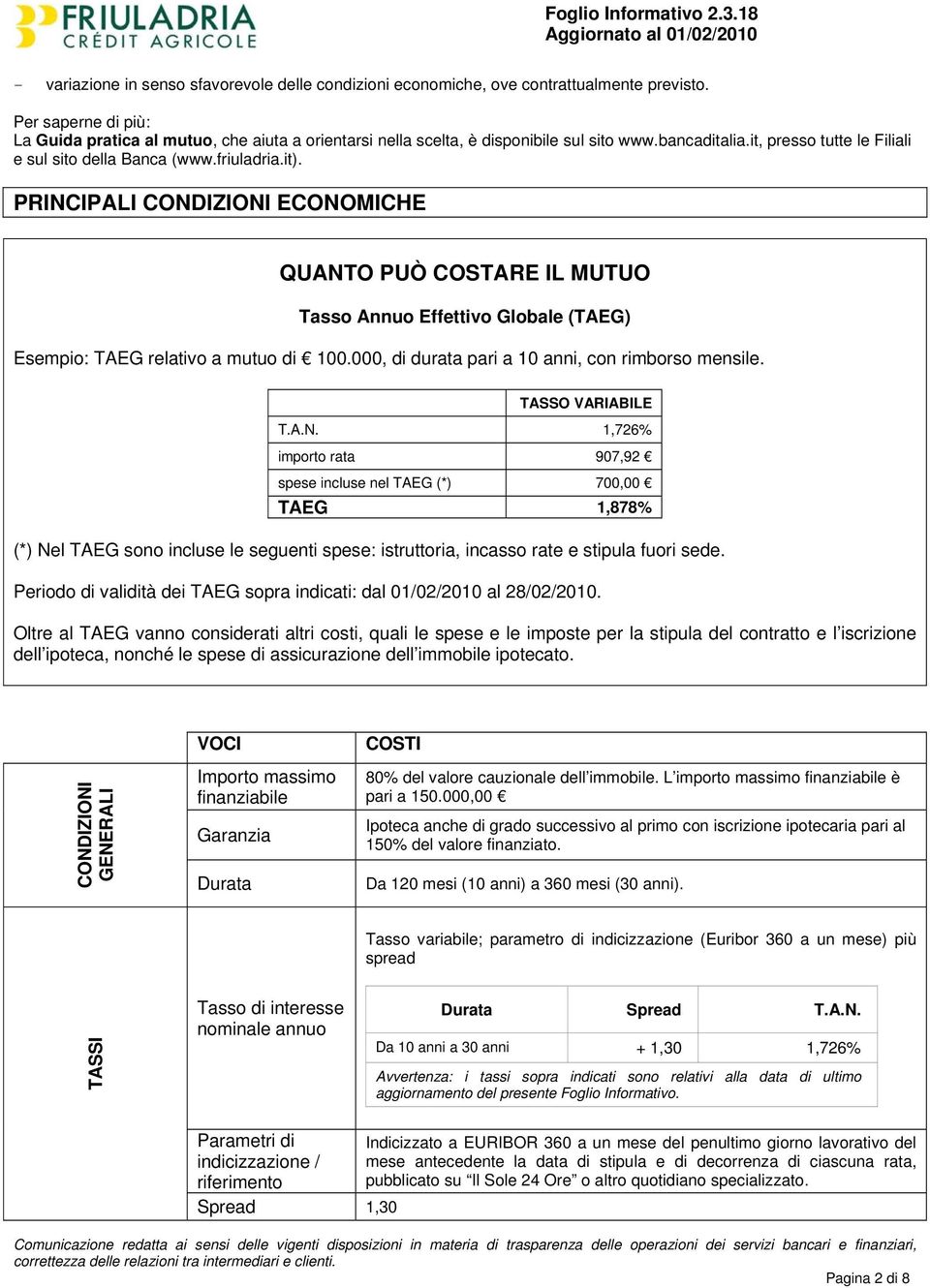 PRINCIPALI CONDIZIONI ECONOMICHE QUANTO PUÒ COSTARE IL MUTUO Tasso Annuo Effettivo Globale (TAEG) Esempio: TAEG relativo a mutuo di 100.000, di durata pari a 10 anni, con rimborso mensile.