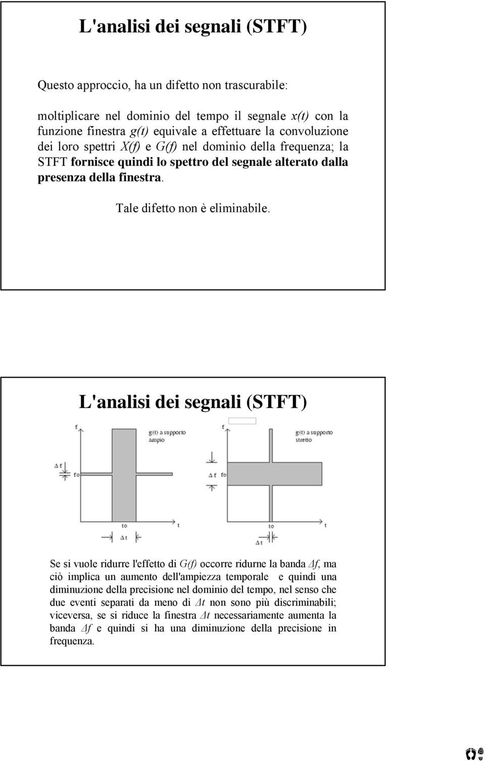 L'analisi dei segnali (STFT) Se si vuole ridurre l'effetto di G(f) occorre ridurne la banda Δf, ma ciò implica un aumento dell'ampiezza temporale e quindi una diminuzione della precisione nel dominio