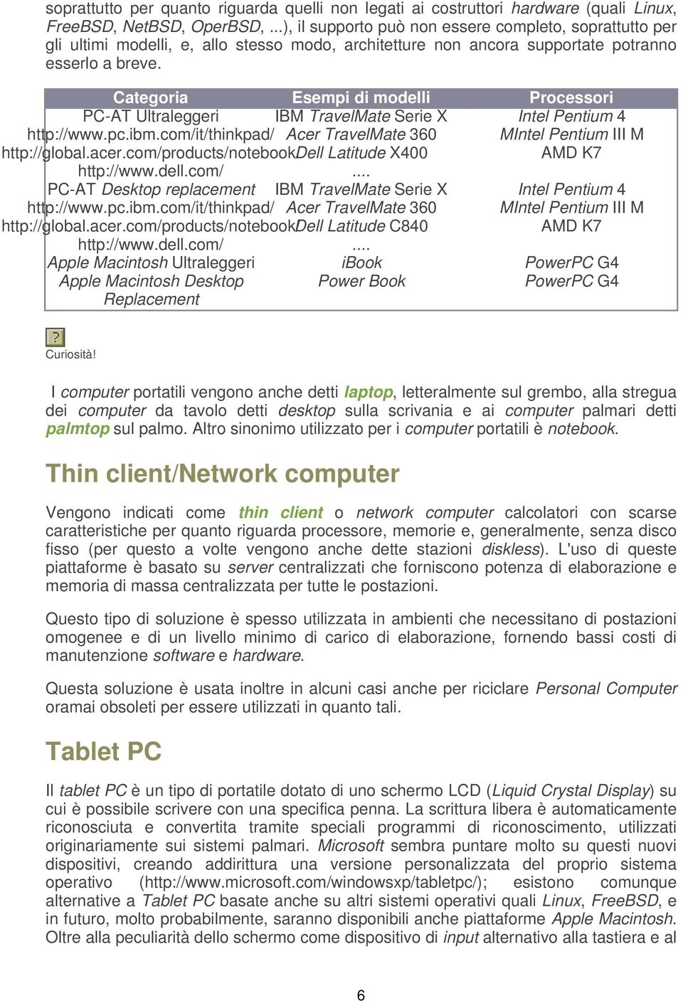 Categoria Esempi di modelli PC-AT Ultraleggeri IBM TravelMate Serie X http://www.pc.ibm.com/it/thinkpad/ Acer TravelMate 360 http://global.acer.com/products/notebook/dell Latitude X400 http://www.