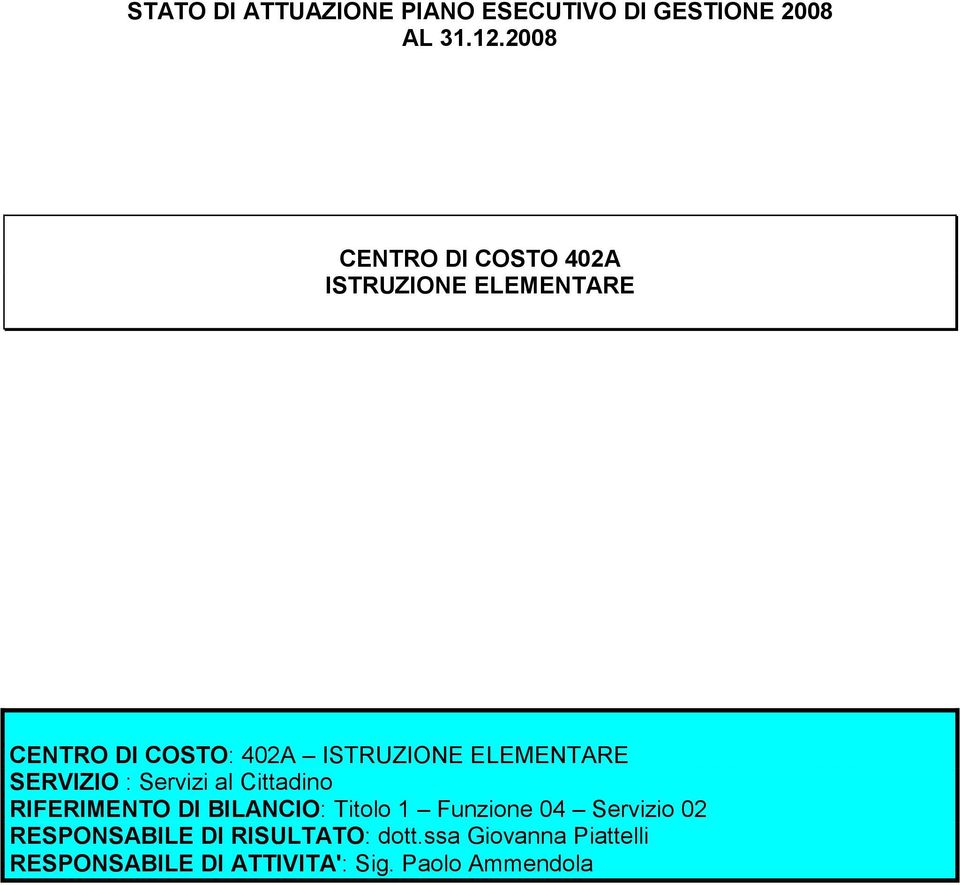 ELEMENTARE SERVIZIO : Servizi al Cittadino RIFERIMENTO DI BILANCIO: Titolo 1 Funzione