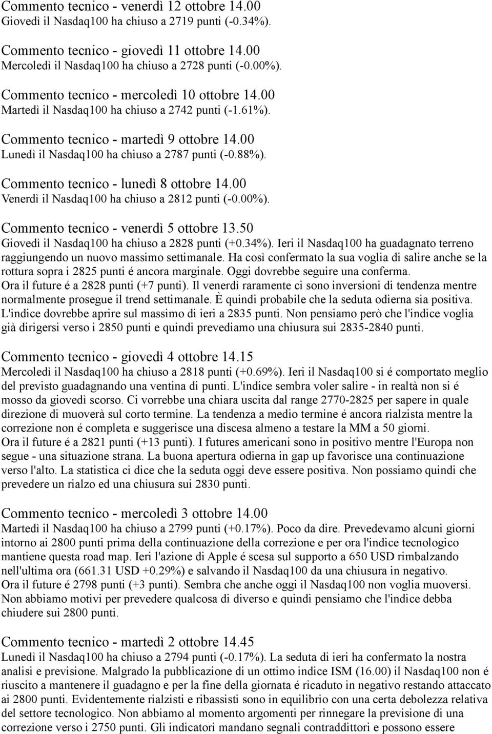 Commento tecnico - lunedì 8 ottobre 14.00 Venerdì il Nasdaq100 ha chiuso a 2812 punti (-0.00%). Commento tecnico - venerdì 5 ottobre 13.50 Giovedì il Nasdaq100 ha chiuso a 2828 punti (+0.34%).