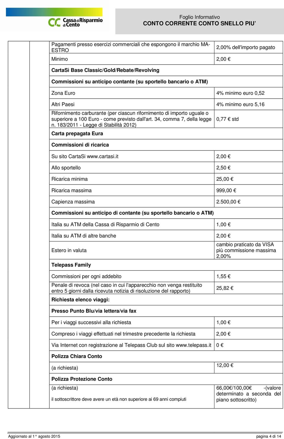 34, comma 7, della legge n. 183/2011 - Legge di Stabilità 2012) Carta prepagata Eura Commissioni di ricarica 0,77 std Su sito CartaSi www.cartasi.