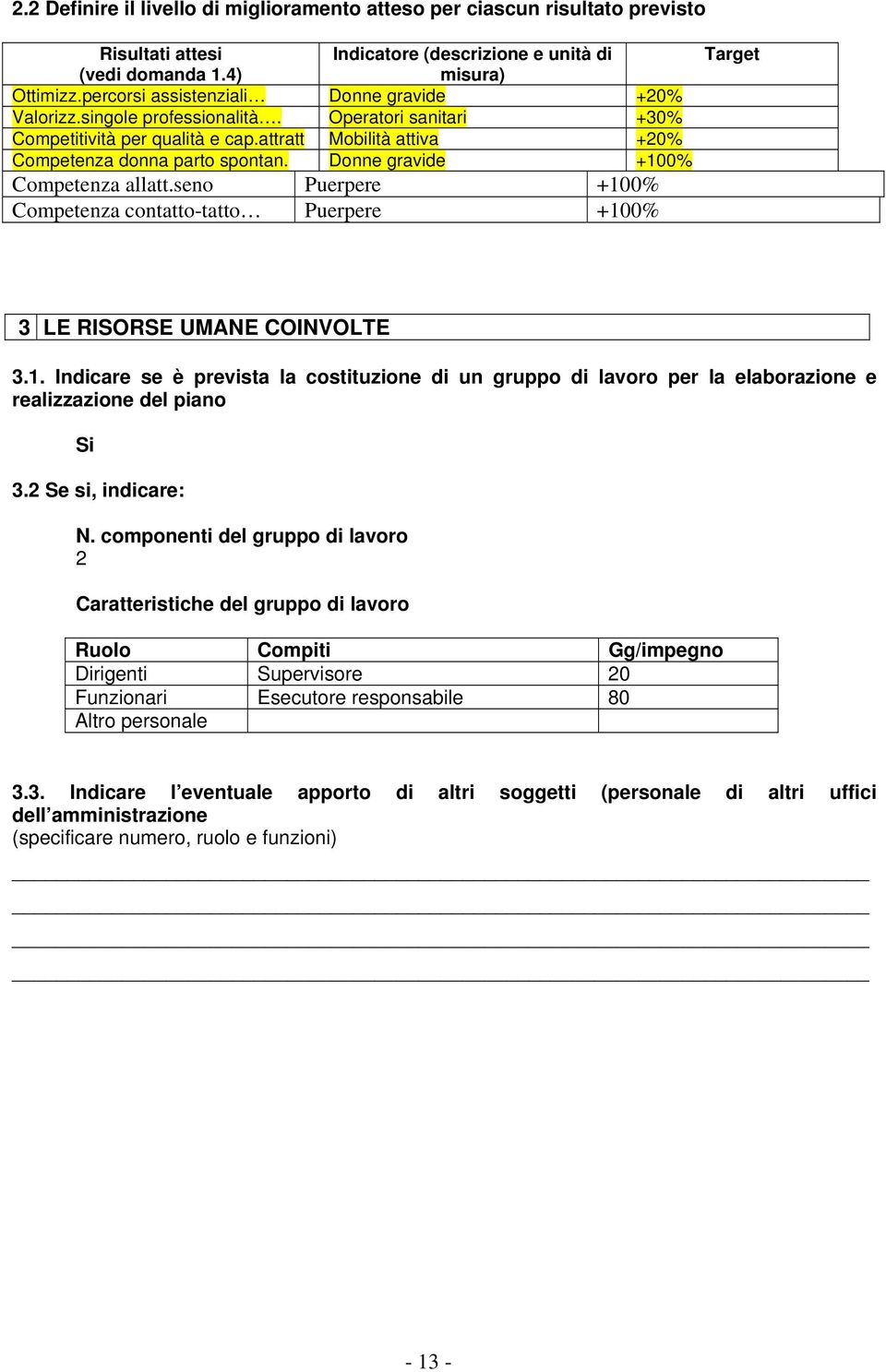 Donne gravide +100% Competenza allatt.seno Puerpere +100% Competenza contatto-tatto Puerpere +100% Target 3 LE RISORSE UMANE COINVOLTE 3.1. Indicare se è prevista la costituzione di un gruppo di lavoro per la elaborazione e realizzazione del piano Si 3.