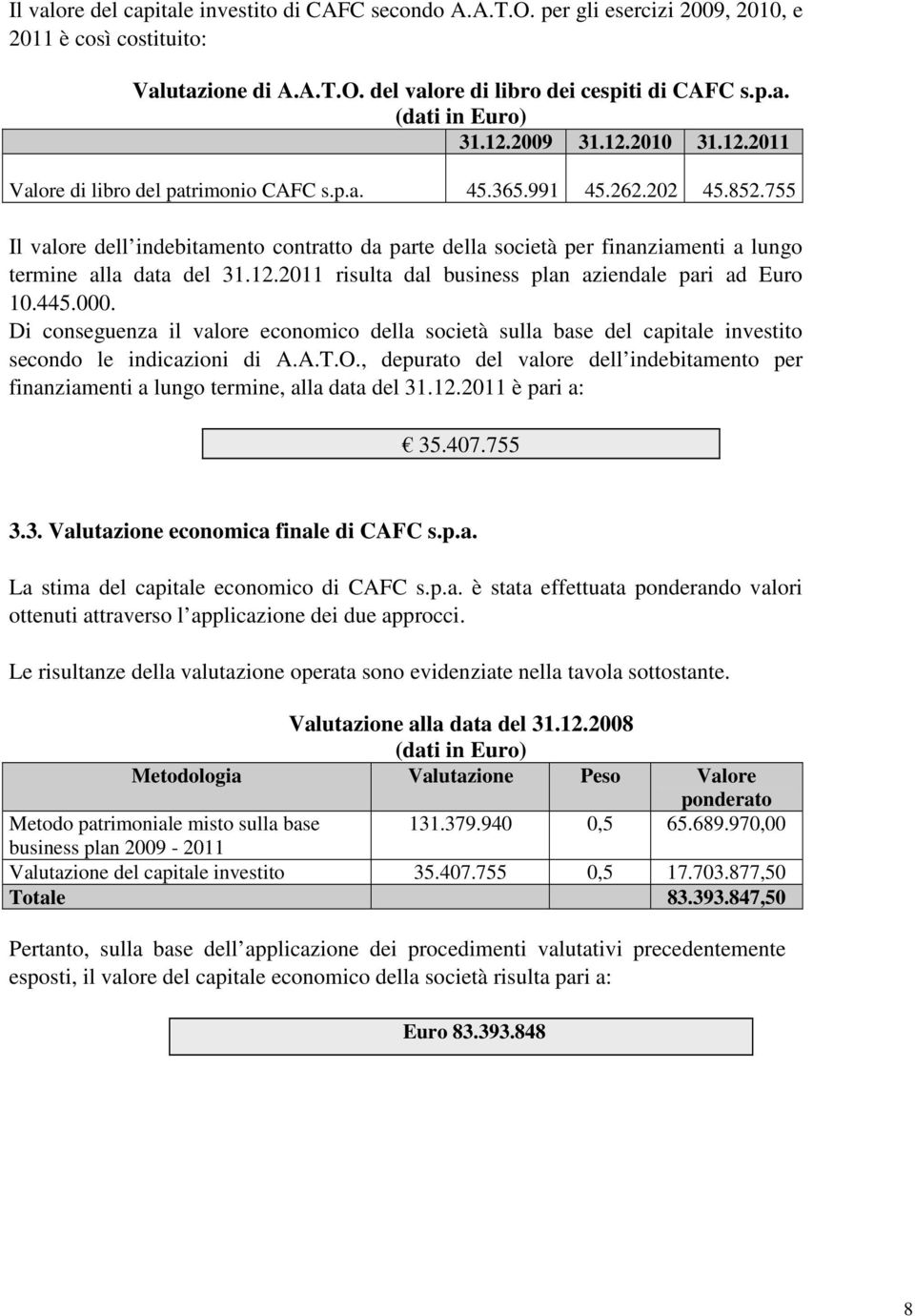 755 Il valore dell indebitamento contratto da parte della società per finanziamenti a lungo termine alla data del 31.12.2011 risulta dal business plan aziendale pari ad Euro 10.445.000.