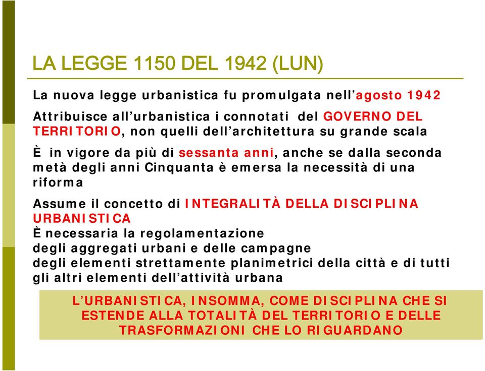 di INTEGRALITÀ DELLA DISCIPLINA URBANISTICA È necessaria la regolamentazione degli aggregati urbani e delle campagne degli elementi strettamente planimetrici della città e