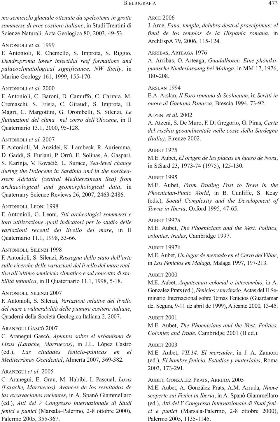 ANTONIOLI et al. 2000 F. Antonioli, C. Baroni, D. Camuffo, C. Carrara, M. Cremaschi, S. Frisia, C. Giraudi, S. Improta, D. Magri, C. Margottini, G. Orombelli, S.