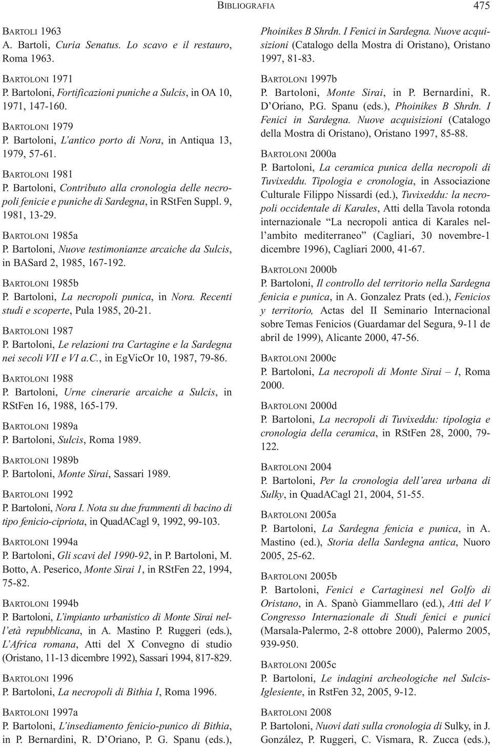 BARTOLONI 1985a P. Bartoloni, Nuove testimonianze arcaiche da Sulcis, in BASard 2, 1985, 167-192. BARTOLONI 1985b P. Bartoloni, La necropoli punica, in Nora.