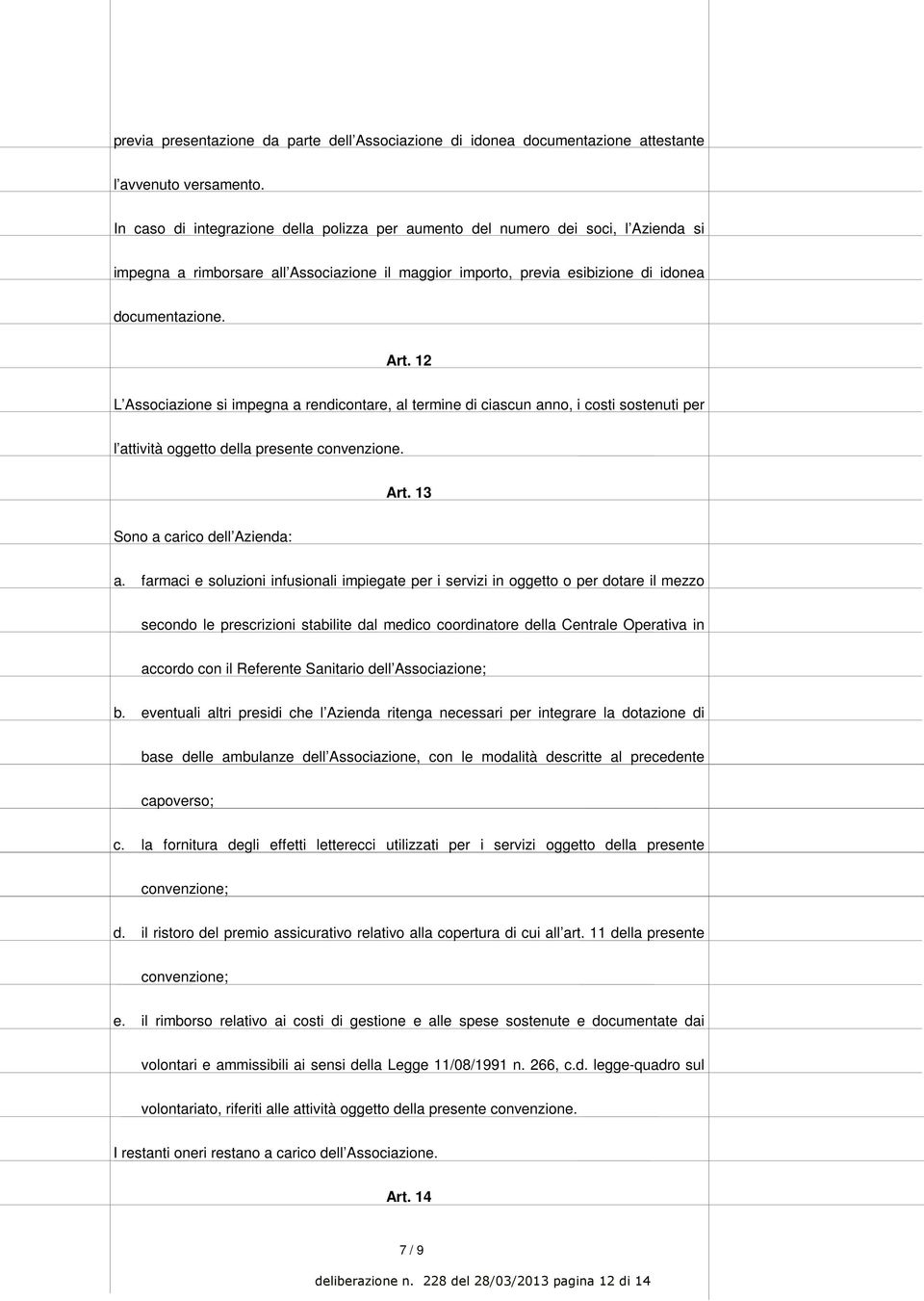 12 L Associazione si impegna a rendicontare, al termine di ciascun anno, i costi sostenuti per l attività oggetto della presente convenzione. Art. 13 Sono a carico dell Azienda: a.