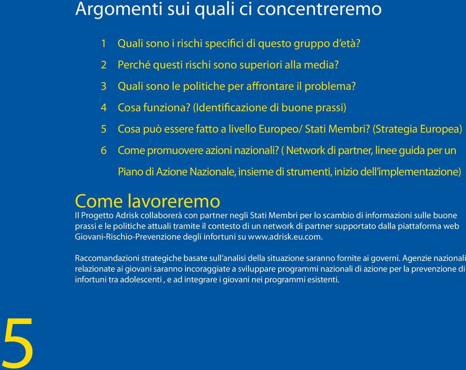 ( Network di partner, linee guida per un Piano di Azione Nazionale, insieme di strumenti, inizio dell implementazione) Come lavoreremo Il Progetto Adrisk collaborerà con partner negli Stati Membri