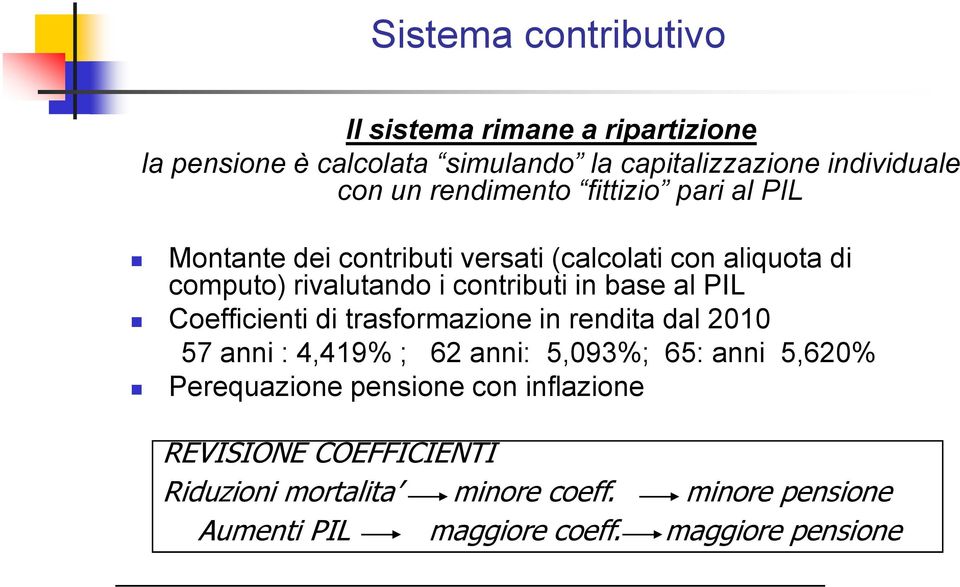 base al PIL Coefficienti di trasformazione in rendita dal 2010 57 anni : 4,419% ; 62 anni: 5,093%; 65: anni 5,620% Perequazione