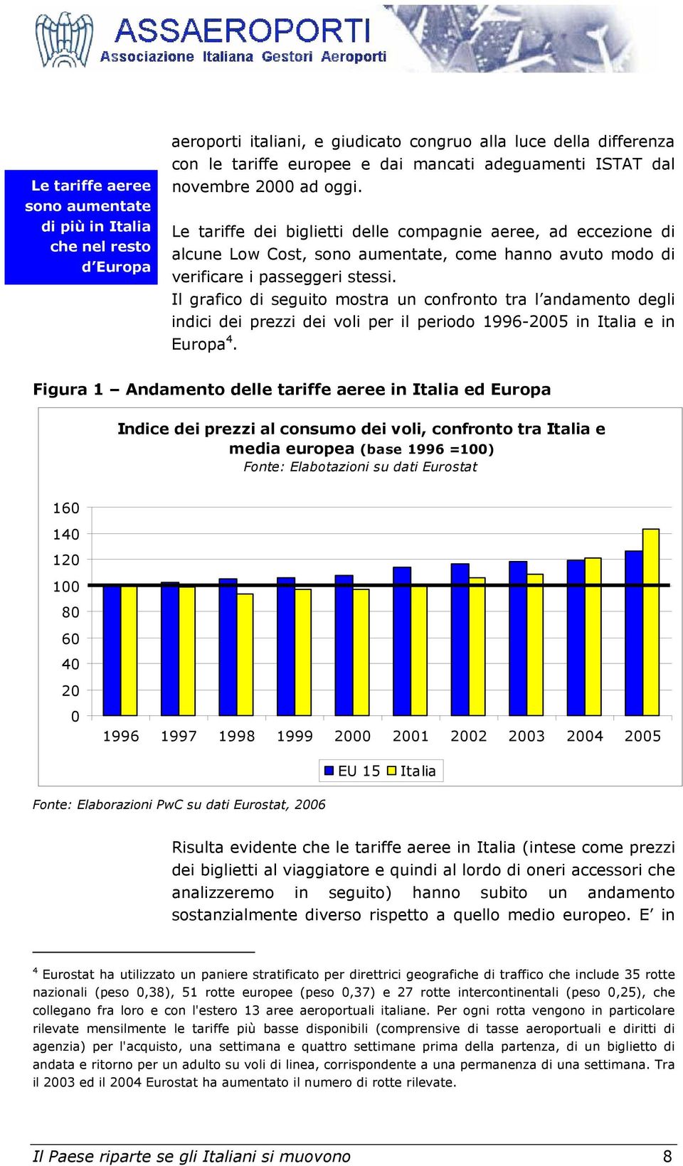 Il grafico di seguito mostra un confronto tra l andamento degli indici dei prezzi dei voli per il periodo 1996-2005 in Italia e in Europa 4.