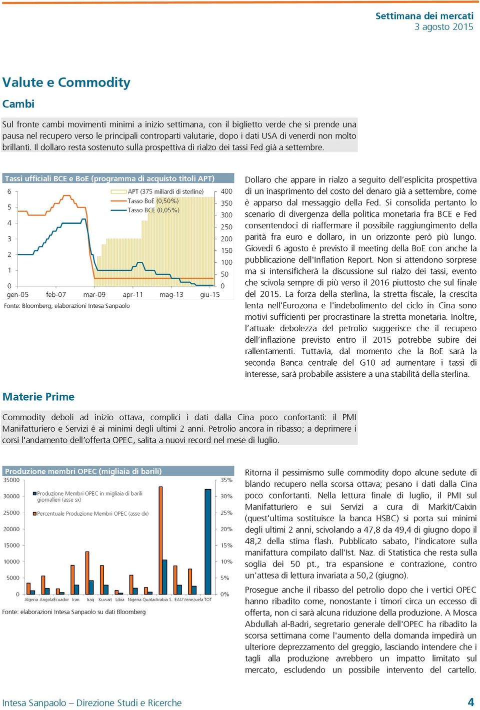 Tassi ufficiali BCE e BoE (programma di acquisto titoli APT) Fonte: Bloomberg, elaborazioni Intesa Sanpaolo Dollaro che appare in rialzo a seguito dell esplicita prospettiva di un inasprimento del