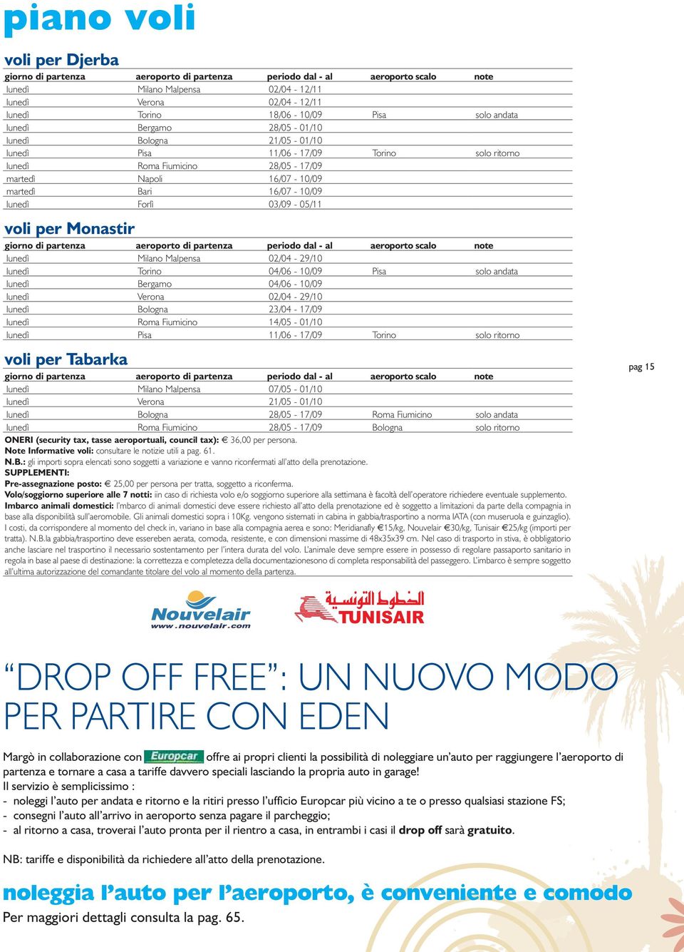 lunedì Forlì 03/09-05/11 voli per Monastir giorno di partenza aeroporto di partenza periodo dal - al aeroporto scalo note lunedì Milano Malpensa 02/04-29/10 lunedì Torino 04/06-10/09 Pisa solo andata